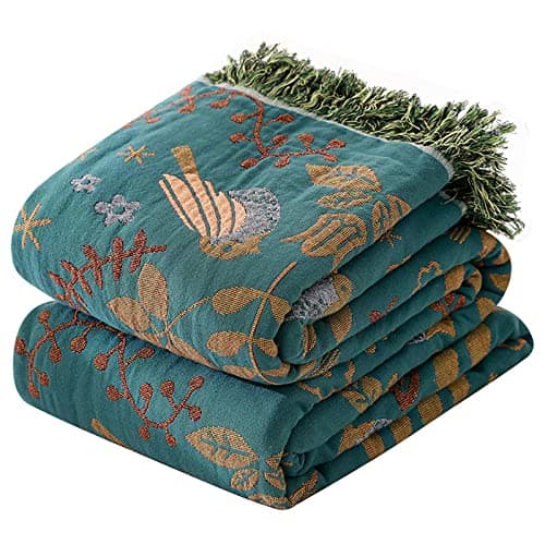 Image of HOORDRY Cotton Bed Throw with Tassels, Reversible Bohemian Throws for Sofas, Blankets for Bed and Couch Double/Twin Size, Woven Blanket for Sofa, Bedspread and Settee Travel,Green/Teal,150X200cm