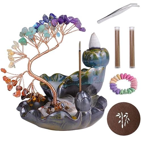 Image of BOJVESH Waterfall Incense Burner With Crystals Tree, 7 Chakra Crystal Censer, Backflow Holder, 60 Cones, 30 Sticks, Aromatherapy Ornament Home Decor