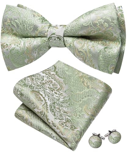 Image of Barry.Wang Sage Green Bow Ties for Men Paisley Silk Pre-Tied Bowtie Set Pocket Square Cufflinks Formal Wedding Party Prom