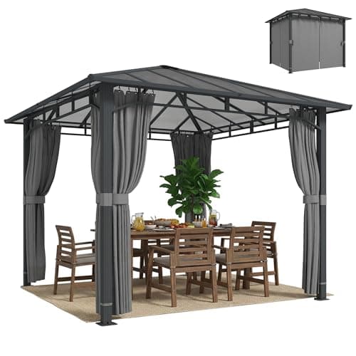 Image of Outsunny 3 x 3 m Outdoor Hardtop Gazebo Canopy with Polycarbonate Roof, Waterproof Aluminium Permanent Pavilion Garden Gazebo Patio Shelter with Curtains, Tan