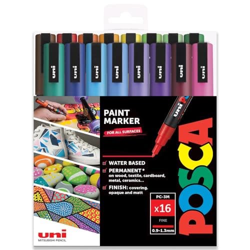 Image of Posca Water Based Permanent Marker Paint Pen - Multi Surface Use - PC-3M 0.9-1.3mm Fine - Set of 16 Pens in Plastic Gift Wallet - Full Spectrum