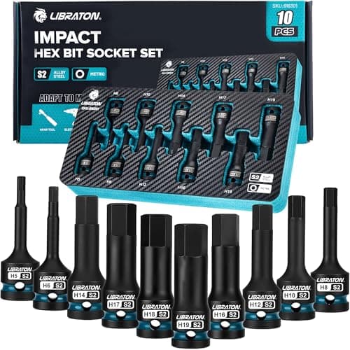 Image of LIBRATON Impact Hex Bit Socket Set, 1/2" Dr, S2 Steel, 10PCS High Torque Sockets (Metric H5-H19) for Professional Mechanics & Automotive Repair (XPE Storage Case)