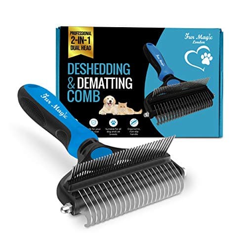 Image of Fur Magic Deshedding and Dematting Comb Double Sided Undercoat Rake Pet Grooming Brush Removing Mats, Knots & Tangles for Dogs and Cats with Long and Medium Hair, Blue