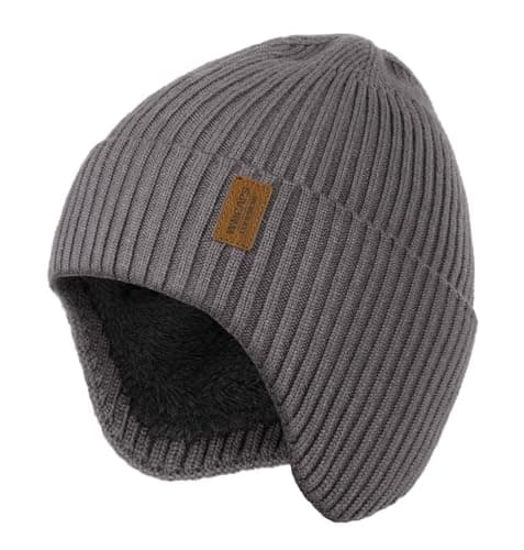 Image of Wmcaps Winter Beanie with Earflap for Men Women, Thick Fleece Lined Soft Thermal Warm Unisex Knit Hat Woolly Hats for Outdoor Activity Gifts for Men Husband Dad Him, Charcoal Grey