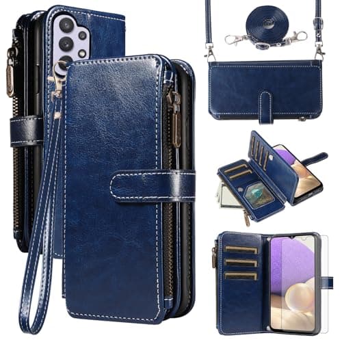 Image of Asuwish Mobile Phone Case for Oppo A53s/A53/A33/A32 2020 Case with Strap Film Protective Film Card Slot Foldable Leather Wallet Stand A 53 53s CPH2135 CPH2127 Protective Zip Phone Case Blue