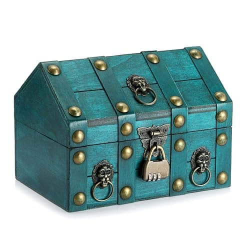 Image of SUMNACON Wooden Vintage Treasure Chest Storage Box with Lock, Decorative Green Souvenir Container Keepsakes Storage Organizer Rectangle Jewelry Trinket Chest for Home Decorations Gifts (Size S)