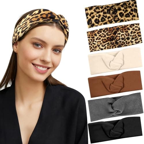 Image of ALIIP Womens Headbands 6-Pack, Leopard Print & Solid Color Wide Hair Bands, Soft Elastic Yoga & Daily Hair Accessories Set