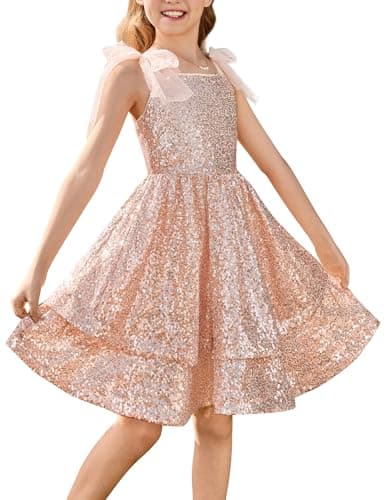 Image of GRACE KARIN Girls Sequin Dress Princess Party Dress Elegant Sparkling Sleeveless Shoulder Strap Dresses Rose Gold 8 Years