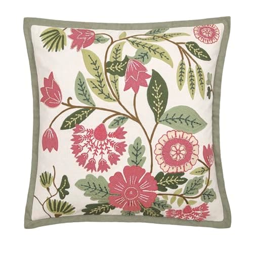 Image of Appletree Heritage Filled Cushion, Floral Embroidered, Decorative Throw Pillow, 1 Piece, 43 x 43 cm, Green, 100% Cotton, Square Shape