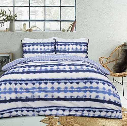 Image of Sleepdown Tie Dye Geo Blue White Reversible Duvet Cover Quilt Tassel Pillow Cases Bedding Set Soft Easy Care - King (230cm x 220cm)