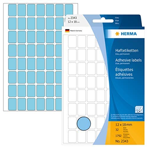 Image of HERMA Multi Purpose Labels, 56 Labels per Sheet, 32 Sheets, 12 x 18 mm, 1792 Labels, Self Adhesive Mini Labels Stickers, Blank Sticky Labels for Office Kitchen Home, Blue