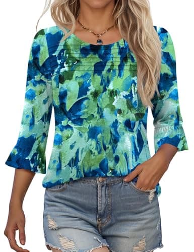 Image of Kistore Ladies Shirts and Blouses Spring 3/4 Length Sleeve Womens Tops Elegangt Cute Ruffle Sleeves Pleated Print Shirt S