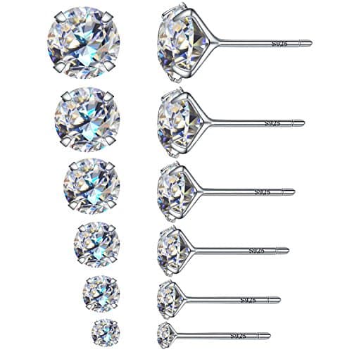 Image of 6 Pairs of Round Cubic Zircon Stud Earrings 925 Sterling Silver Nails 3mm 4mm 5mm 6mm 7mm 8mm Elegant Earrings (6 Pairs)
