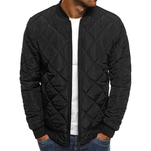 Image of Beokeuioe Lightweight Down Jacket without Hood, Hiking Bomber Jacket, Winter Jacket for Men, Outdoor Puffer Men's Jackets, Solid Color Cotton Softshell Jacket, Transition Jacket, black, L