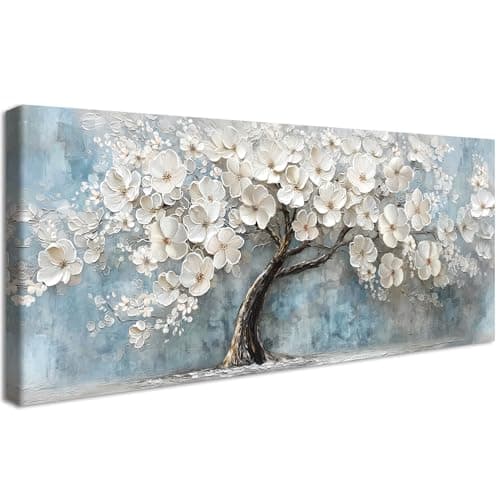 Image of Framed Large Canvas Wall Art For Living Room White Flower Tree of Life Wall Decor For Bedroom Blooming Floral Painting White Floral Tree Picture Canvas Prints Office Artwork Hotel Home Decor 50x120cm