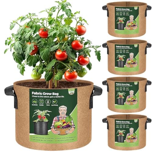 Image of T4U 5-Pack 10 Gallon Fabric Plant Grow Bags, Heavy Duty Smart Growing Bag with Handle, Thickened Breathable Nonwoven Growbag Planter Container for Potato Tomato Chili Strawberry Vegetable Seed Outdoor