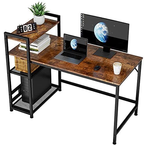 Image of HOMIDEC Desk, 120x60cm Computer Desk with Bookshelf, 110cm Height Study Computer Laptop Table with 4 Tier DIY Storage Shelves Writing Table for Home Office Bedroom
