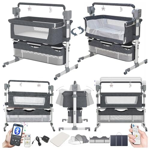 Image of Doraystar Electric Bluetooth Smart Next to Me Crib, Foldable Convertible Baby Bedside Crib, Co-Sleeping Bassinet, Infant Bedside Sleeper Cradle with Music, Remote and 5 Swaying Gears (601 Grey)