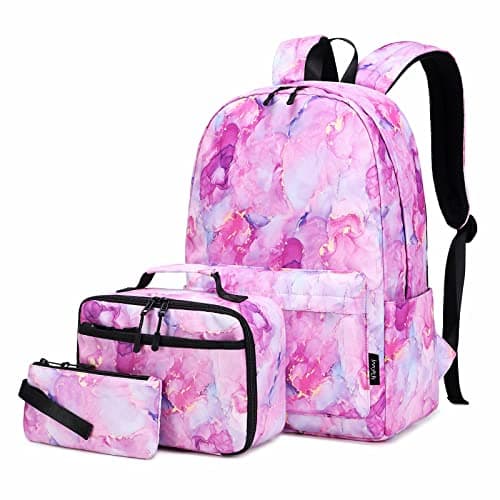 Image of Imyth Backpack for Teen Girls, Boys, Lightweight Water Resistant Bookbag 3 in 1 with Lunch Box Pencil Case(Marble powder)
