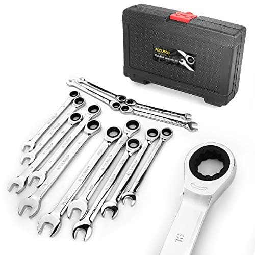 Image of AZUNO Ratchet Spanner Set, 14-Piece Metric & SAE Combination Spanners, Chrome Vanadium Steel with Deluxe Case