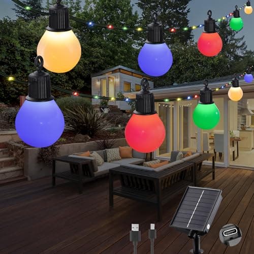 Image of Tacobey Solar String Lights Outdoor Garden - USB Rechargable, 32.8Ft/10m 100 LED Solar Powered Fairy Lights with 20 Shatterproof G40 Blubs, 8 Modes Waterproof Lights, Garden Camping Decor - Multicolor