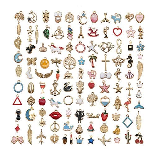 Image of Lulullaby 110 Pieces Charms Pendant, Assorted Gold Plated Enamel Pendants, Animal Moon Stars Fruit Mixed Charms Pendant, for DIY Jewelry Necklace Bracelet Earring Crafts Making