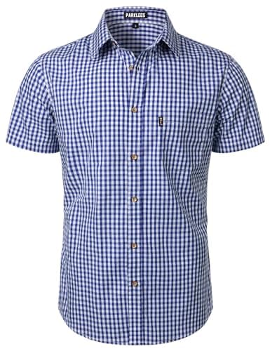 Image of PARKLEES Men's Casual Plaid Button Down Shirt Cotton Short Sleeve Gingham Dress Shirts Regular Fit With Pocket Navy Gingham Large