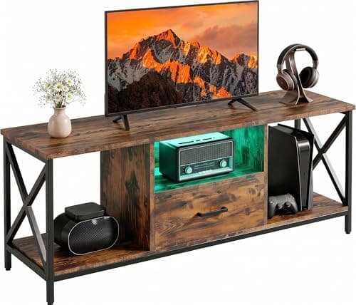 Image of Blisswood TV Unit, 112cm LED TV Stand with RGB Lights, Rustic Wooden Media Console for 43–50 Inch TVs, Industrial Entertainment Centre with Drawer & Open Shelves, Metal Frame Living Room Furniture