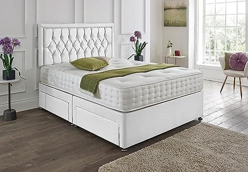 Image of SANA SLEEP Designer Damask Memory Foam Divan Bed Set With Mattress, 2 Drawers (Same Side) and Headboard 3FT Single - Damask White