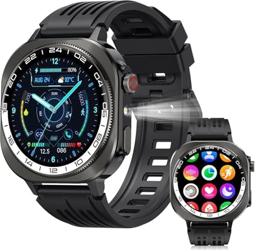 Image of Military Smart Watch for Men(Answer/Make Call), 1.43"HD AMOLED Fitness Watch with Flashlight/660mAh Battery, 130+ Sports/Heart Rate/Sleep Monitor/Pedometer, IP68 Waterproof Smartwatch for IOS Android
