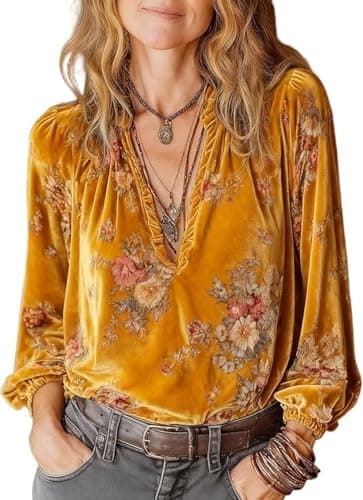 Image of Fronage Velvet Blouses for Women Bohemian Floral Print Western Blouses Vintage Pleated Deep V Neck Long Sleeve Shirts Yellow