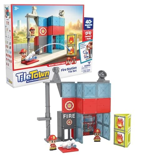 Image of Tile Town Fire House Magnetic Tiles Construction Building Playset + Figures, Kids 3-5+, New ACTION TILES for Action Play, Realistic Builds, STEM Creative Toy, Great Gift for Boys & Girls