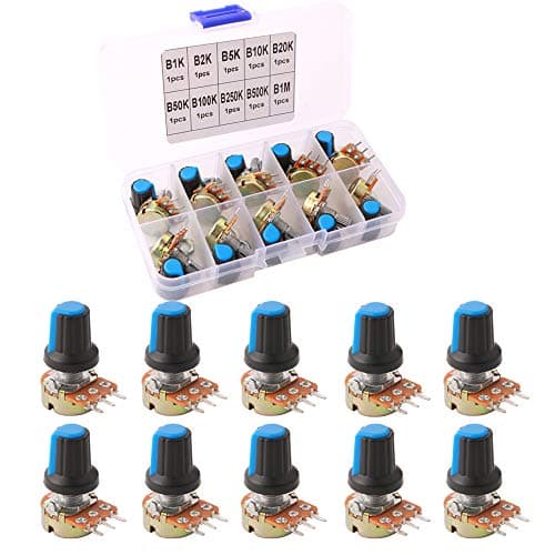 Image of QitinDasen 10Pcs Premium Linear Rotary Taper Potentiometer, Adjustable 3 Terminal Rotary Potentiometer, with Knob Cap and Washer (B1K~B1M Ohm)