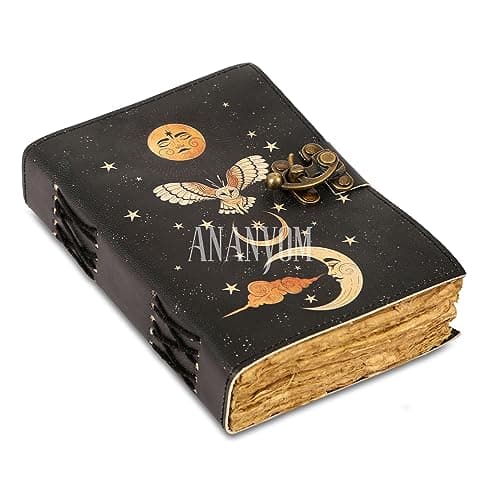 Image of ANANYOM Handmade Black Leather Journal – Sun & Moon Embossed Notebook Diary, 8x6” Vintage Sketchbook with Brass Clasp – 200 Unruled Deckle Edge Pages – Artist & Writer Gift, Handmade Leather Notebook