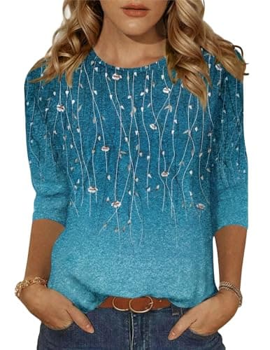 Image of Zeagoo Womens 3/4 Sleeve Tops Fashion Ladies Blouses Summer Crew Neck T Shirts Teal L