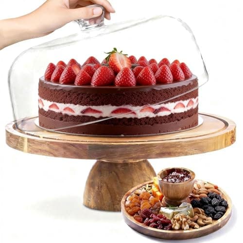 Image of Houbobo 12 Inch Cake Stand with Dome Lid, Acacia Wood Cake Board with Acrylic Dome Cover, Versatile Wooden Dessert Table Display Set & Charcuterie Board for Birthdays, Weddings, Parties, Baking Gifts