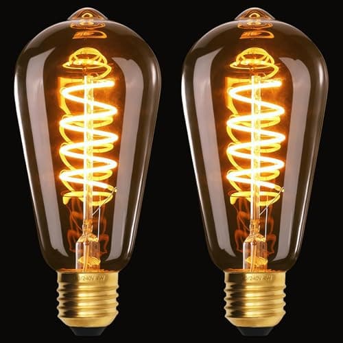 Image of Terafeels 2 Pack E27 Vintage LED Light Bulbs, ST64, 4W, 220-240V, Spiral Filament, 2200K Warm Yellow Glow, Amber Glass, Dimmable Edison Screw in Light Bulb