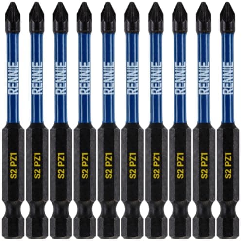 Image of 10 x Rennie Tools 75mm Long PZ1 Impact Screwdriver Driver Bits Set. Heavy Duty PoziDriv POZI No.1 Magnetic Screwdriver Bit Set. PZ1 Impact Driver Bits Pozidrive Screw Accessories.