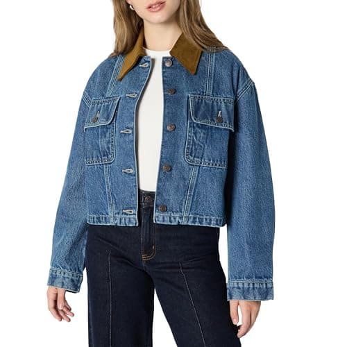 Image of Amazon Essentials Women's Oversized-Fit Cropped Denim Jacket with Contrast Corduroy Collar, Medium Blue Vintage, XXL