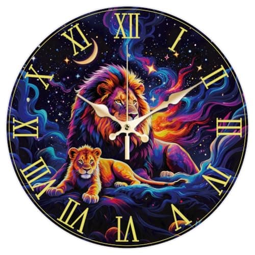 Image of CHGCRAFT 12 Inch Lion Starry Sky Moon Pattern Round Decorative Wall Clock Battery Operated Silent Non Ticking, for Home Office Living Room Bedroom Kitchen Decor