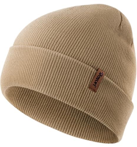 Image of ROXUN Mens Winter Hat Kint Cuffed Beanie for Women Soft Warm Unisex Windproof Skull Cap Light Khaki
