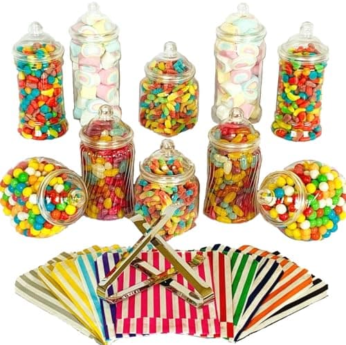 Image of Truly Sweet Candy 10 Plastic Sweet Jars, 5 styles, 2 tongs, 50 bags Buffet (Black)