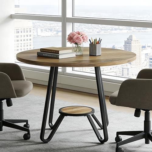 Image of Tribesigns 31.5" Round Wooden Conference Table, Small Meeting Table for 4 People, Compact Office Table for Small Spaces, 31.5" W x 31.5" D x 29.5" H, Brown