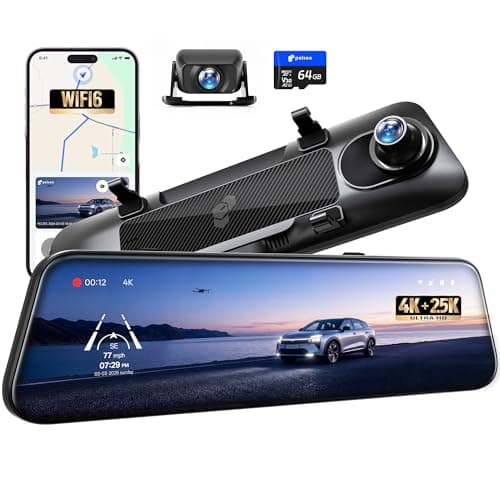 Image of Pelsee S12 Native 4K +2.5K Mirror Dash Cam, WiFi 6 30MB/s Download, Rear View Mirror Camera Backup Camera for Car Truck SUV, Dual HDR, Telephoto Front Camera, Full Color Night Vision, 64G Memory Card