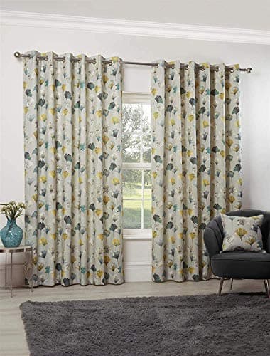 Image of Sundour Camarillo Floral Eyelet Lined Curtains 66 x 54 Chartreuse Watercolour Flowers