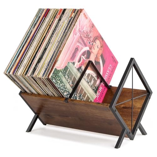 Image of PUERSI Vinyl Record Storage Rack, 80 LP Record Storage Holder, 1 Tier Vinyl Display Shelf with Adjustable Divider, Organizer for Albums, Magazine, Book, Files - Brown