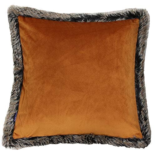 Image of Riva Paoletti Kiruna Square Feather Filled Cushion - Rust Orange Velvet Look and Feel - Faux Fur Edging - Reversible - Hidden Zip Closure - 100% Polyester Case - 45 x 45cm (18" x 18" inches)