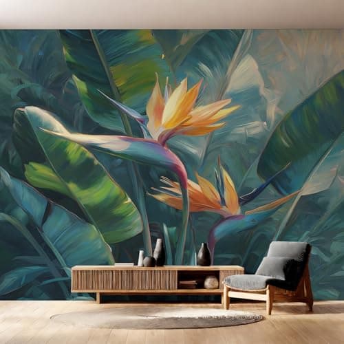 Image of Wall Mural Bird of Paradise Flower Wallpaper - Tropical Botanical Floral Photo Wallpaper for Living Room Bedroom, Non-Woven Yellow Green Wall Paper Home Decor Art 200x140 cm w6g17