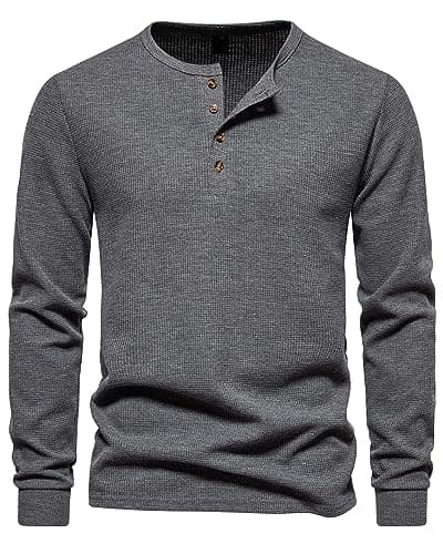 Image of MakingDa Henley T Shirt Mens Long Sleeve Slim Fit Waffle Grandad Collar 4 Button Jumper Tops Smart Casual Collarless Shirts-Dark Grey-L