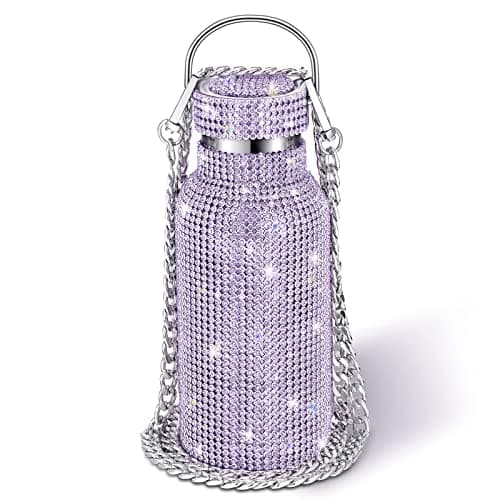 Image of Diamond Water Bottle Bling Rhinestone Stainless Steel Thermal Bottle Refillable Water Bottle Insulated Water Bottle Glitter Water Bottle with Chain for Women Girls Gifts (Purple, 350 ml)